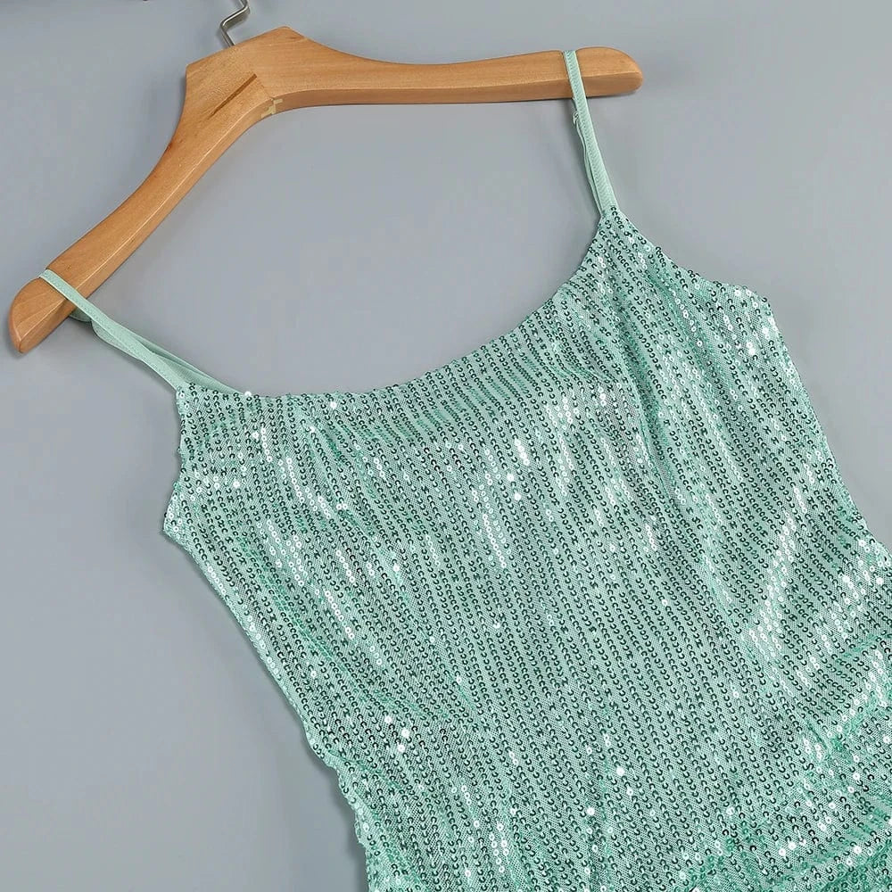 2025 Trendy Inspired Women Sequin Spaghetti Strap Maxi Dress with Square Neckline High Side Slit for Retro-Themed Evening Galas