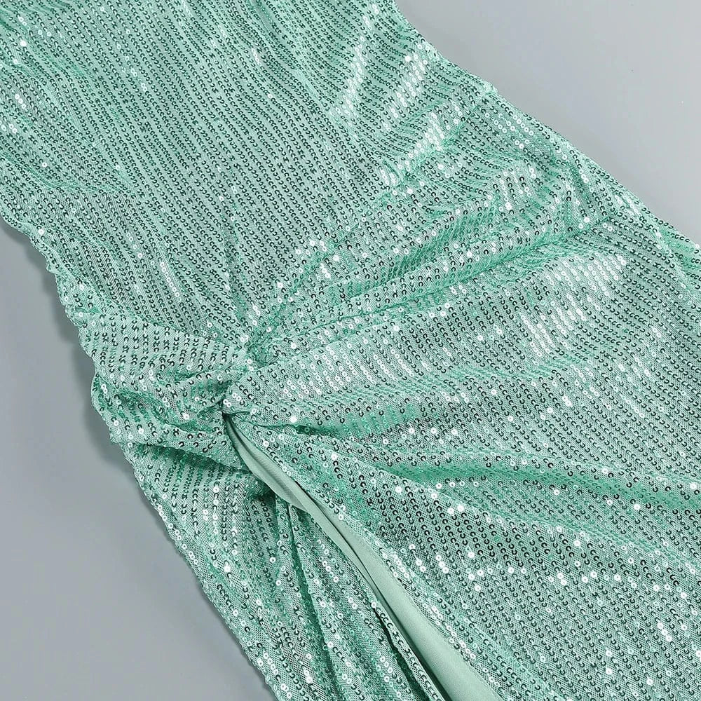 2025 Trendy Inspired Women Sequin Spaghetti Strap Maxi Dress with Square Neckline High Side Slit for Retro-Themed Evening Galas