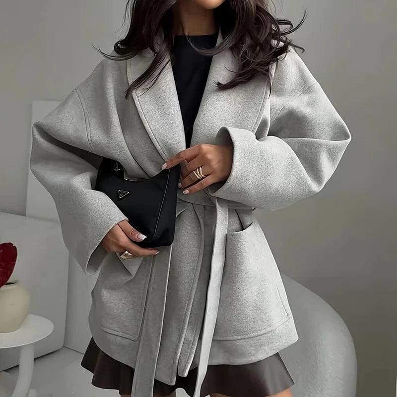 2025 Winter Casual Long Sleeve Grey Outercoat Women's Fashion Lace-Up Warm Woolen Jackets Autumn Fashion V-neck Thickened Coat