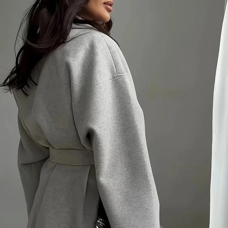 2025 Winter Casual Long Sleeve Grey Outercoat Women's Fashion Lace-Up Warm Woolen Jackets Autumn Fashion V-neck Thickened Coat