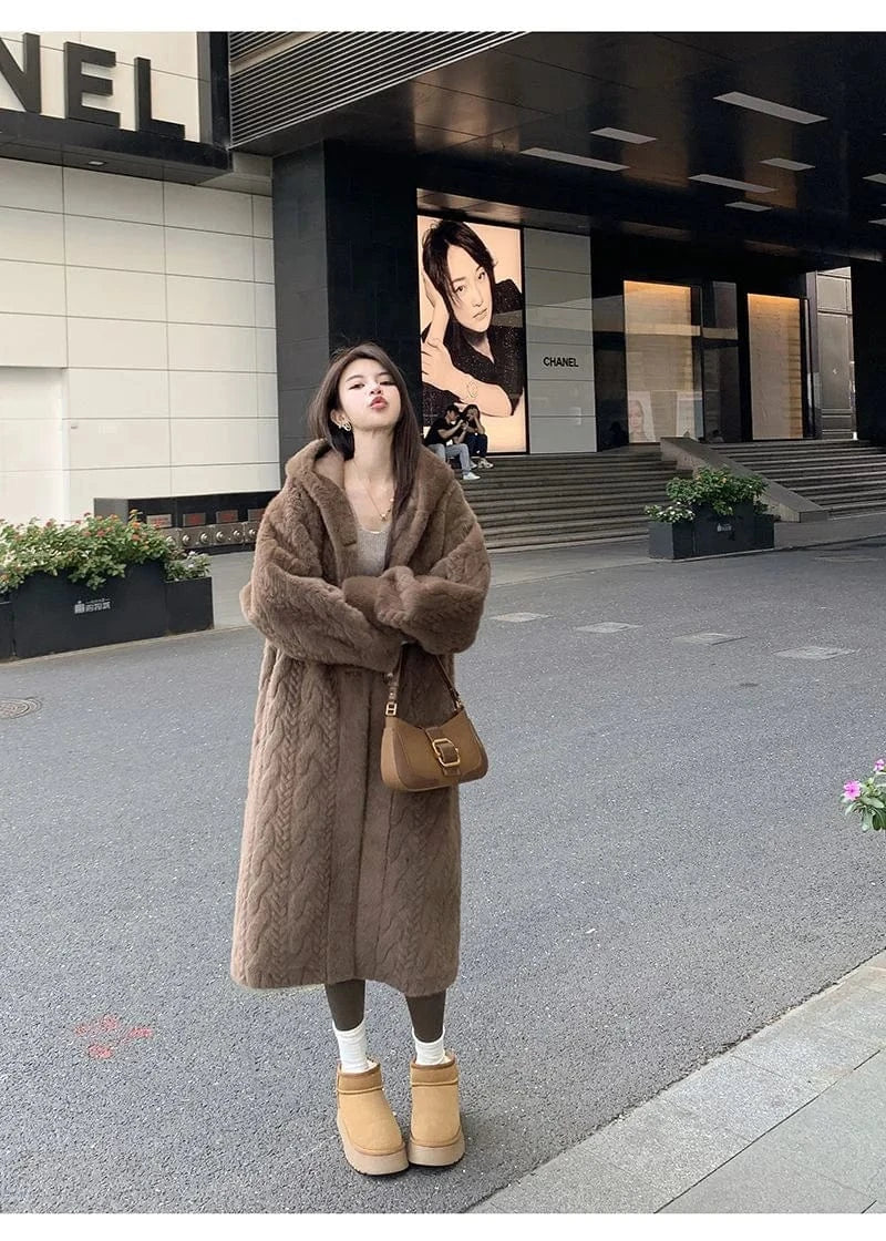 2025 Winter New Thick Women's Long Imitation Mink Plush Cardigan With Integrated Fur Eco-Friendly Hooded Fur Coat Solid Color