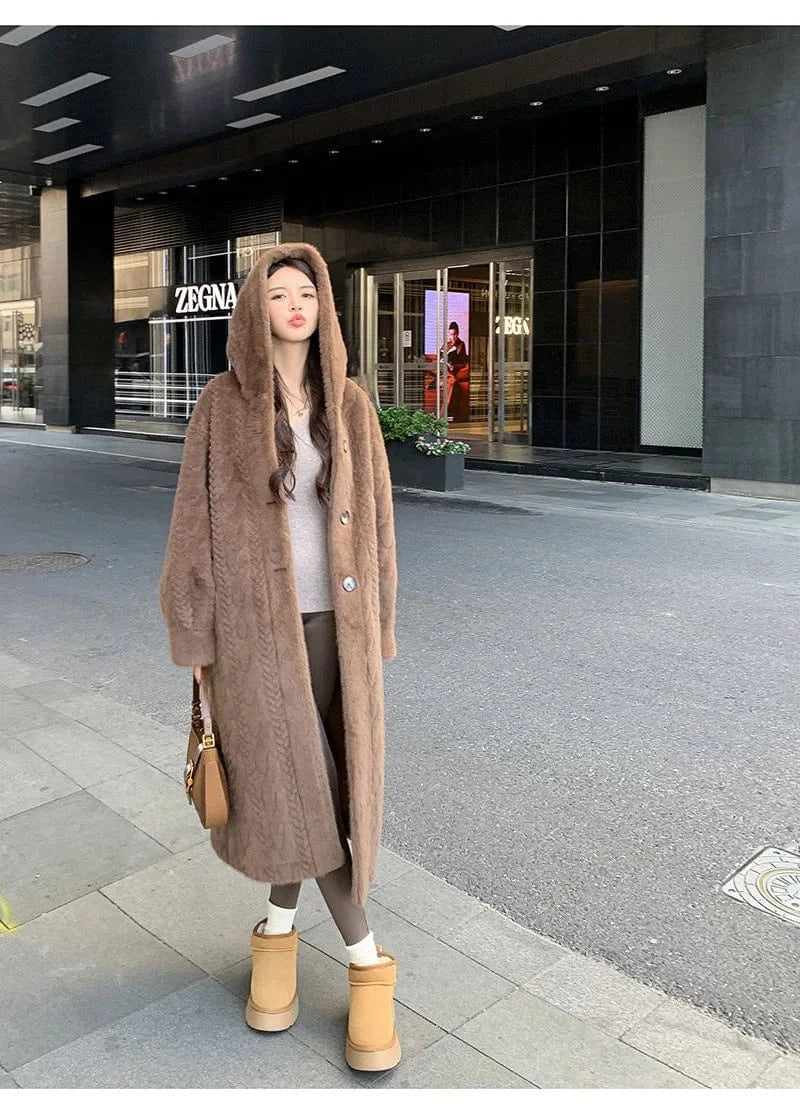  2025 Winter New Thick Women's Long Imitation Mink Plush Cardigan With Integrated Fur Eco-Friendly Hooded Fur Coat Solid Color
