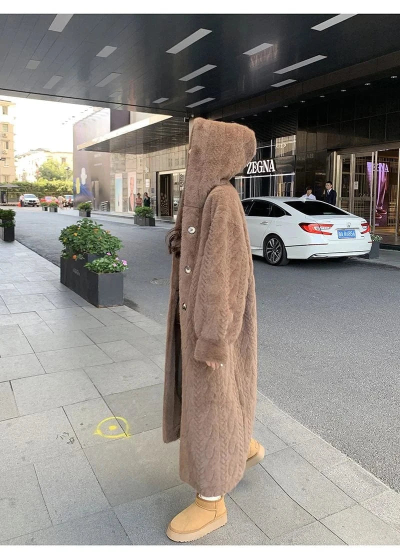  2025 Winter New Thick Women's Long Imitation Mink Plush Cardigan With Integrated Fur Eco-Friendly Hooded Fur Coat Solid Color