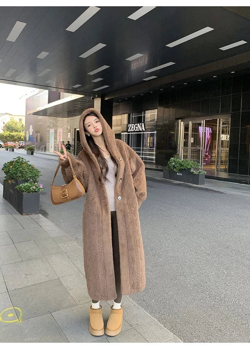  2025 Winter New Thick Women's Long Imitation Mink Plush Cardigan With Integrated Fur Eco-Friendly Hooded Fur Coat Solid Color
