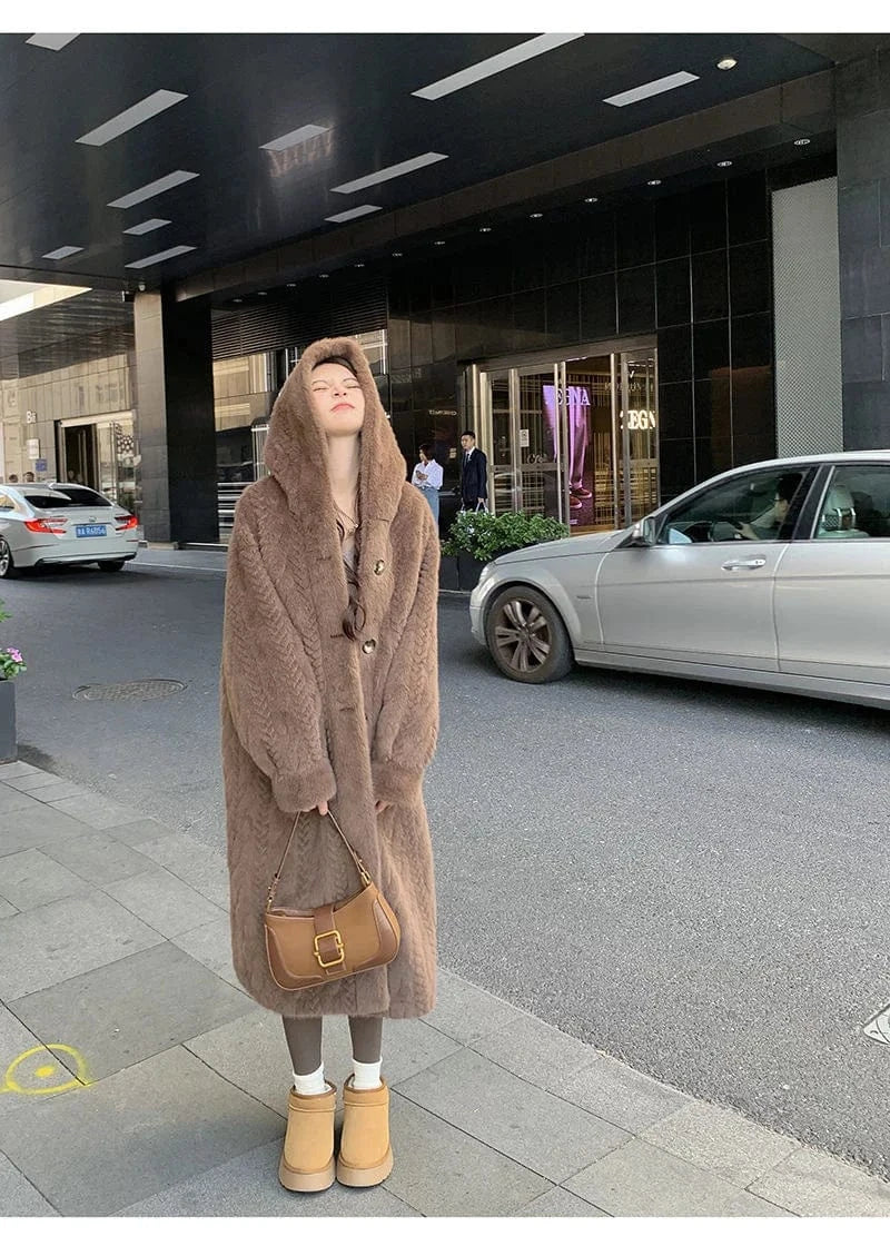  2025 Winter New Thick Women's Long Imitation Mink Plush Cardigan With Integrated Fur Eco-Friendly Hooded Fur Coat Solid Color