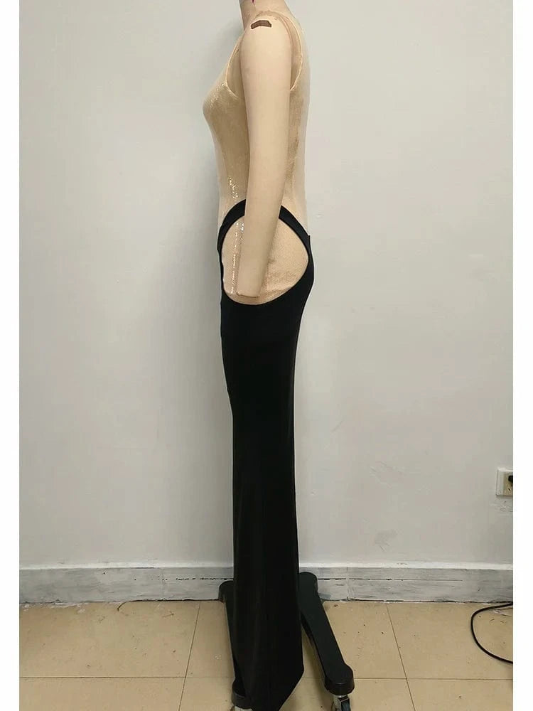 2025 Women Glamorous Sleeveless Cut-out Mermaid Maxi Dress Sparkling Sequin High-Quality Fabric Sexy Trendy for Evening Party
