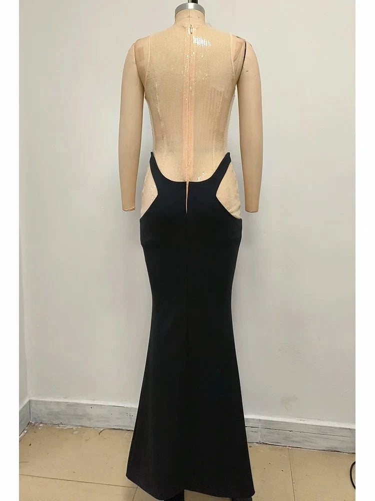 2025 Women Glamorous Sleeveless Cut-out Mermaid Maxi Dress Sparkling Sequin High-Quality Fabric Sexy Trendy for Evening Party