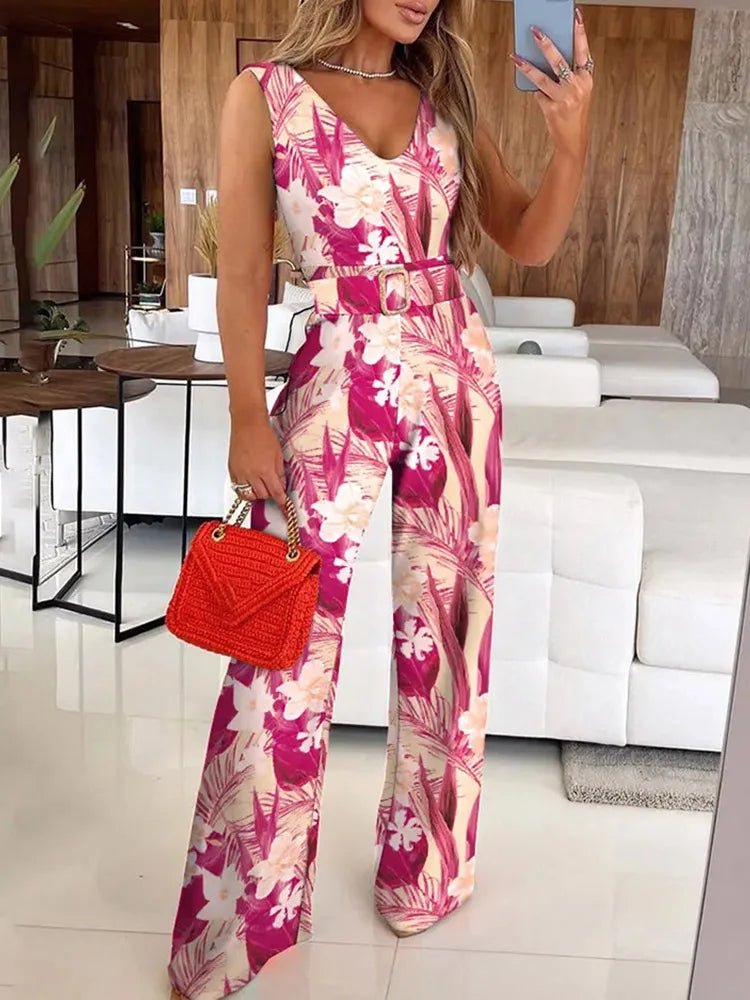 2025 Women Printing Deep V - Neck Sleeveless Jumpsuits Casual Sashes Wide Leg Pants Simple Ladies Playsuit Streetwear Dropshipping - SN Wigs & More