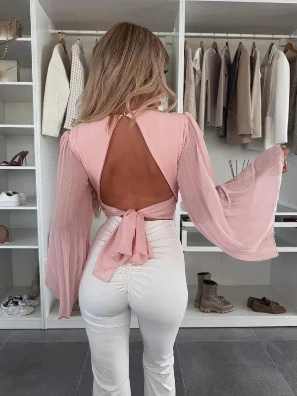 2025 Women's Spring Autumn New Fashionable Waist Collection Sexy V-neck Bag Sleeve Solid Color Wrinkled Long Sleeve Top