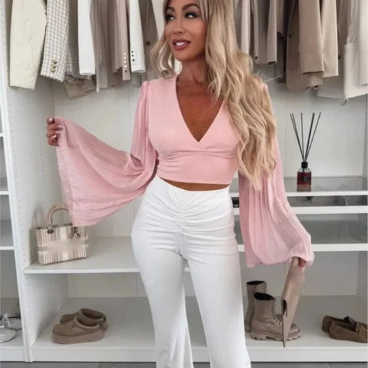 2025 Women's Spring Autumn New Fashionable Waist Collection Sexy V-neck Bag Sleeve Solid Color Wrinkled Long Sleeve Top