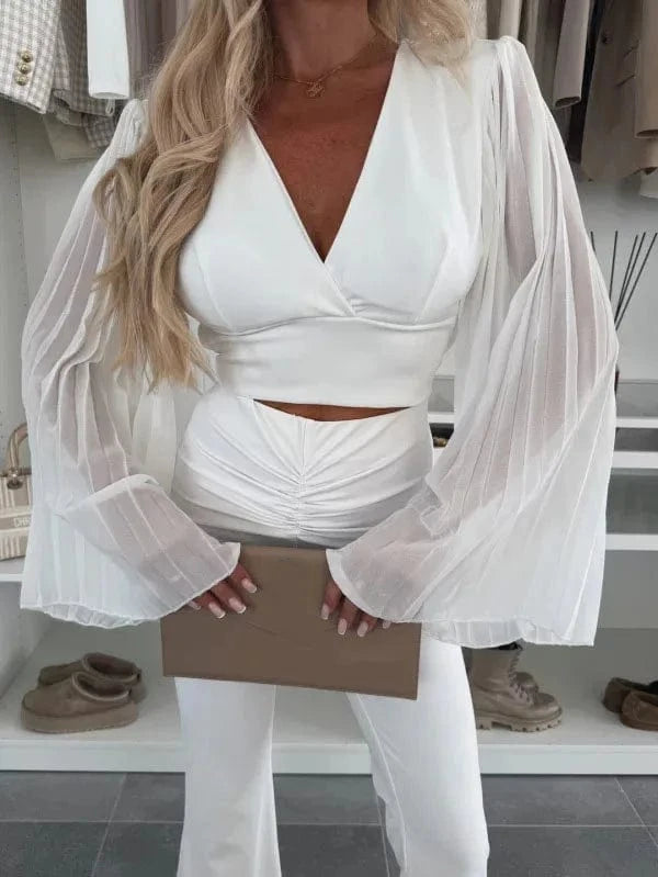 2025 Women's Spring Autumn New Fashionable Waist Collection Sexy V-neck Bag Sleeve Solid Color Wrinkled Long Sleeve Top
