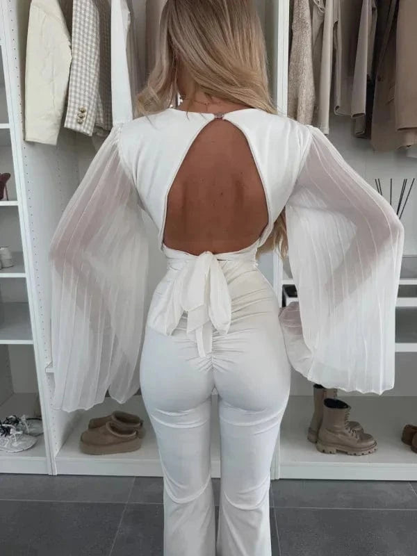 2025 Women's Spring Autumn New Fashionable Waist Collection Sexy V-neck Bag Sleeve Solid Color Wrinkled Long Sleeve Top