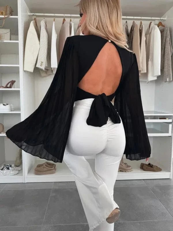 2025 Women's Spring Autumn New Fashionable Waist Collection Sexy V-neck Bag Sleeve Solid Color Wrinkled Long Sleeve Top