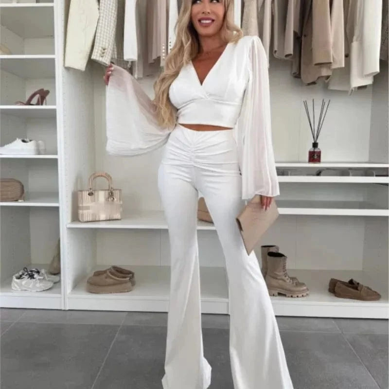 2025 Women's Spring Autumn New Fashionable Waist Collection Sexy V-neck Bag Sleeve Solid Color Wrinkled Long Sleeve Top