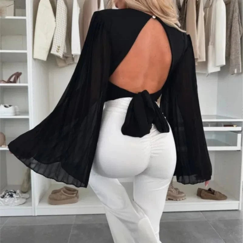 2025 Women's Spring Autumn New Fashionable Waist Collection Sexy V-neck Bag Sleeve Solid Color Wrinkled Long Sleeve Top