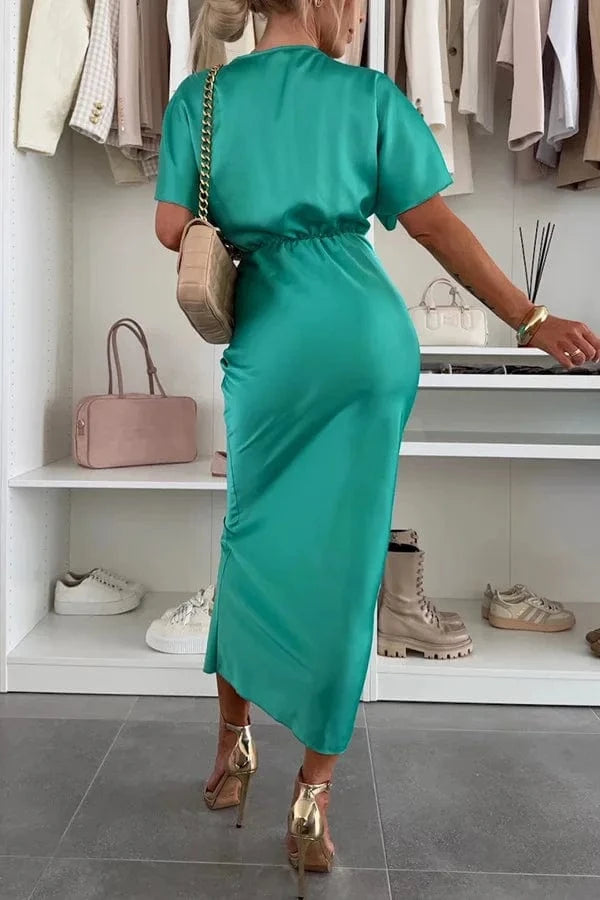 2025 Womens Satin Dresses Summer Khaki Black Blue Dress Woman V-Neck Bat Sleeve Vestidos Elegant Luxury Dresses