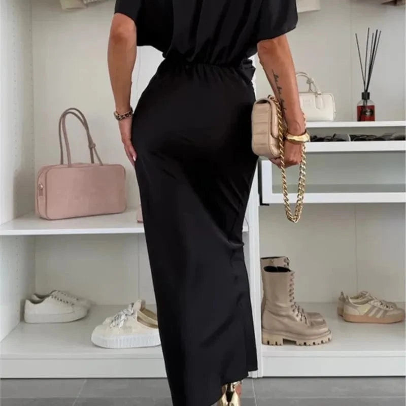 2025 Womens Satin Dresses Summer Khaki Black Blue Dress Woman V-Neck Bat Sleeve Vestidos Elegant Luxury Dresses