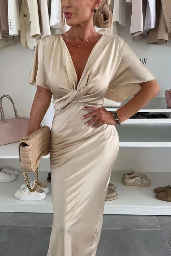 2025 Womens Satin Dresses Summer Khaki Black Blue Dress Woman V-Neck Bat Sleeve Vestidos Elegant Luxury Dresses