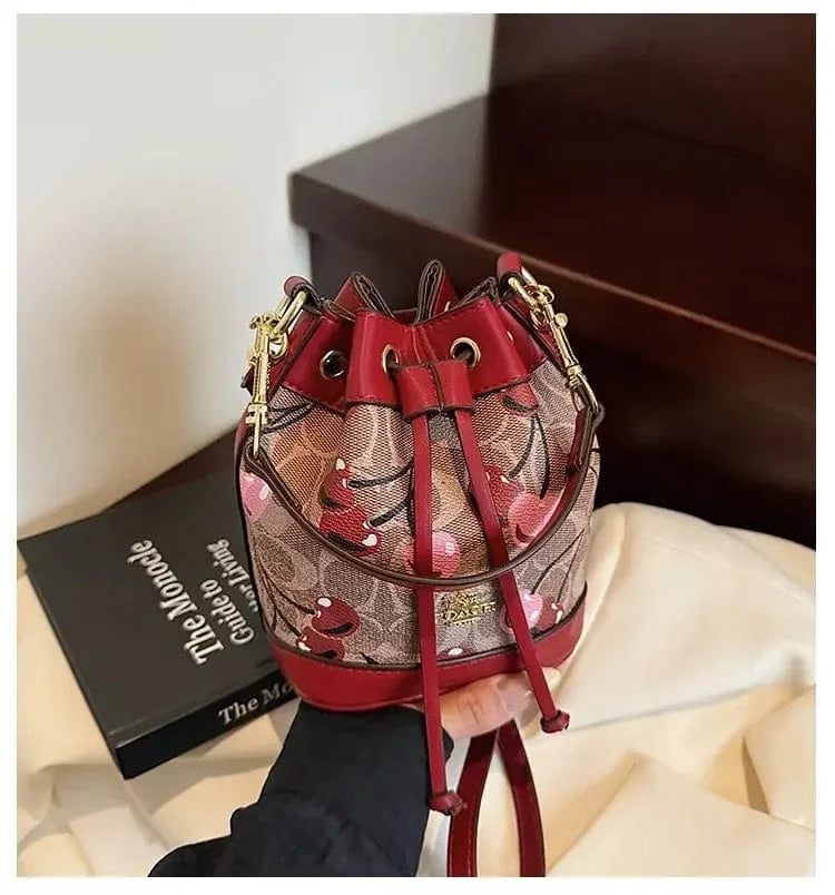 "2025newTextured Bucket Bag Women Artisan Drawstring Shoulder Purse Vintage Motif Crossbody Heritage Accent Carrier"