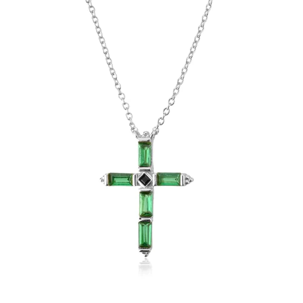 20inches / MMN207-3 Silver FUAMAY Silver 925 Cross Necklace Green Emerald Baguette Stone Cross Statement Necklace Chunky
