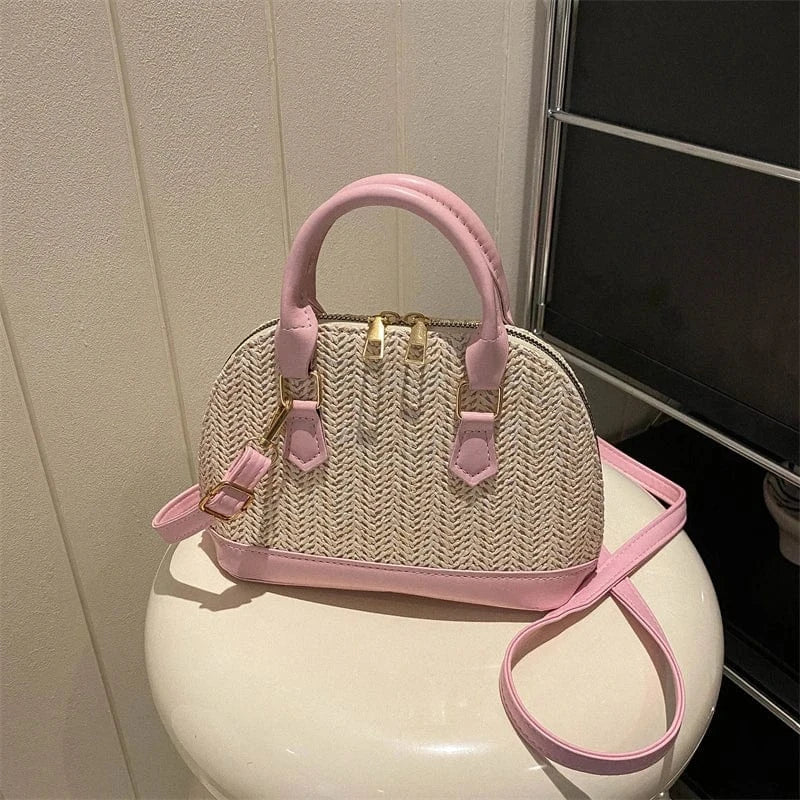 21.5cm*8.5cm*15cm / pink Factory Wholesale Shell Handbags 2023 Light Lady Trendy Straw woven bags lady fashion design purses For Ladies