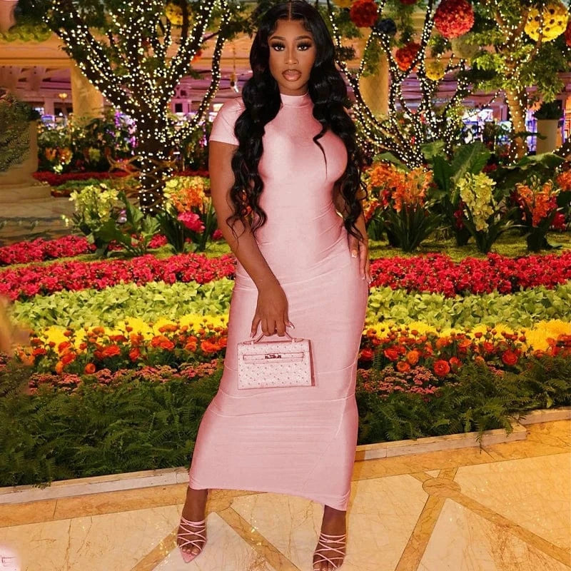 2103 Short Sleeve Solid Bodycon Io Neck Midi Elegant Slit Women'S Dresses Summer Evening Party Club Prom Women'S Clothes