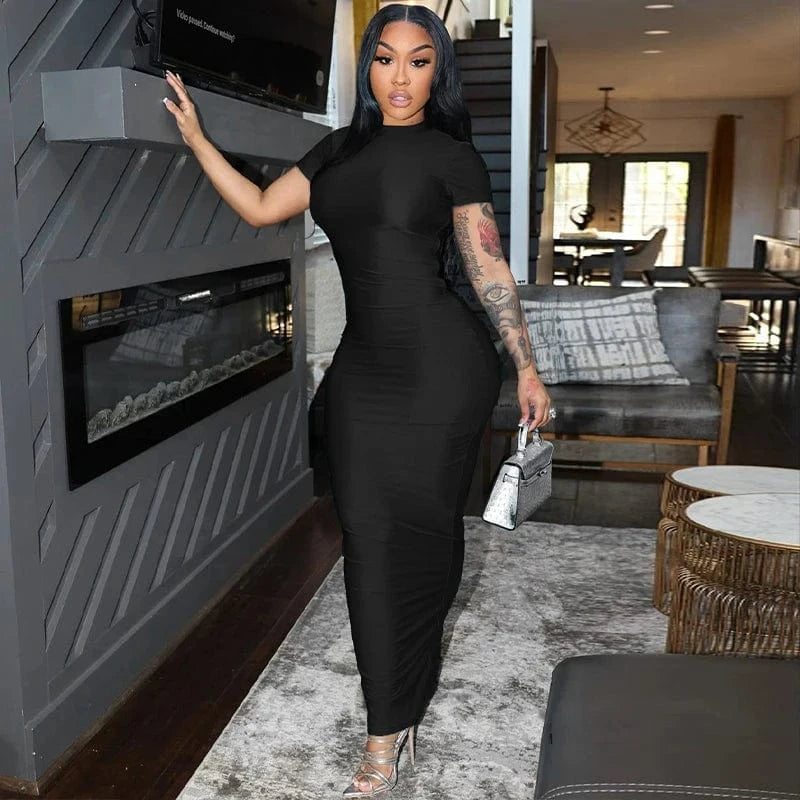 2103 Short Sleeve Solid Bodycon Io Neck Midi Elegant Slit Women'S Dresses Summer Evening Party Club Prom Women'S Clothes