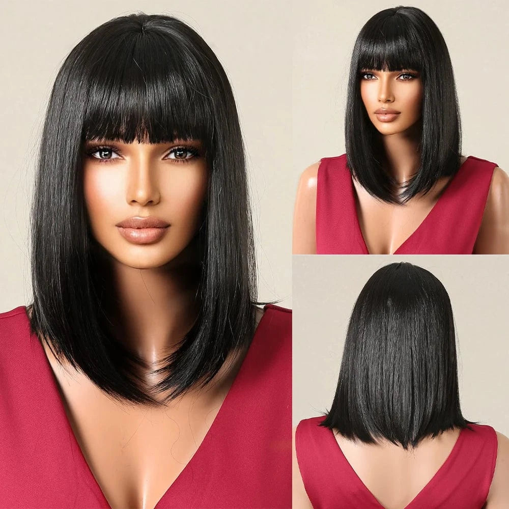 2148-1 Factory Outlet Black Brown Bob Synthetic Wigs with Bangs Short Straight Daily Wig for Women Party Lolita Natural Looking Hair