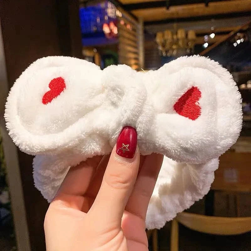 22 Heart White Elastic Headband Custom Logo OMG Bowknot Wash Face Hairband Rabbit Cat Ear Cute Plush Lady Soft Women Elastic Hair Band Flannel Make up Headbands