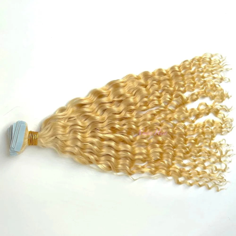22 Inches / #60 Vmae Raw European Human Hair Tape In Extensions Deep Curly Highlight Color 24 60 613 Blonde Tape In Hair Extensions Human Hair