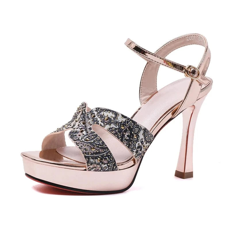 22 summer new rivet open-toe waterproof platform hollow sandals women's one-word buckle banquet stiletto high-heeled shoes