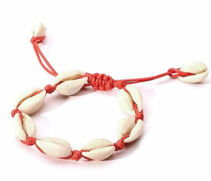 23cm / 23cm / Red Charming natural colorful beach shell Wax thread woven bracelet adjustable wholesale for adults