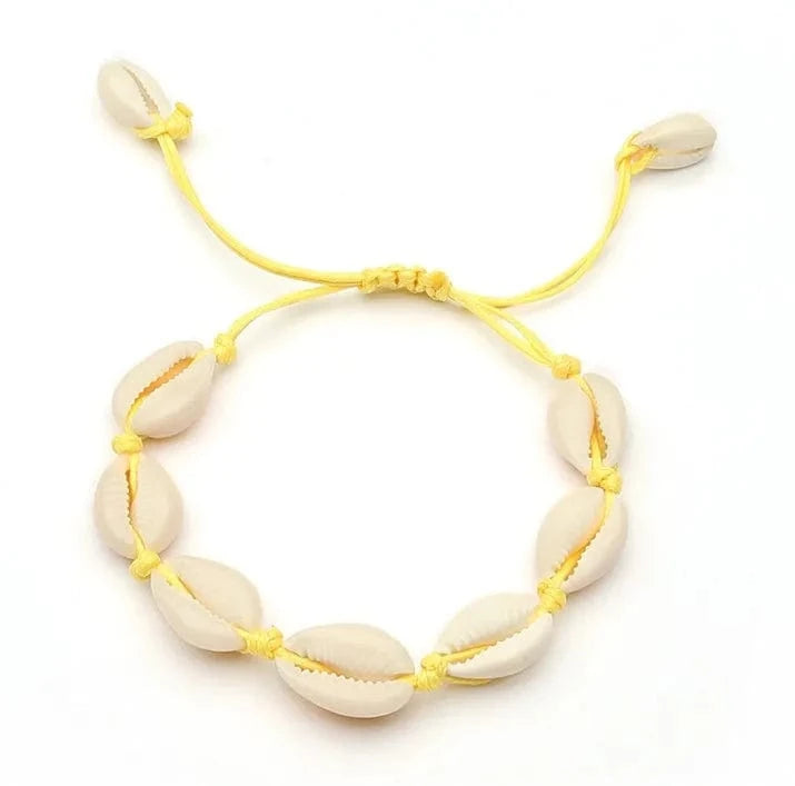 23cm / 23cm / Yellow Charming natural colorful beach shell Wax thread woven bracelet adjustable wholesale for adults