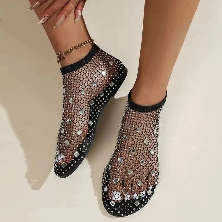 24 summer new flat color diamond elastic band sandals women's sexy fishing net socks one-pedal cool boots