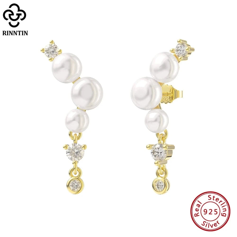 24mm / GPE63-14K RINNTIN GPE63 Luxury Fashion 14k Gold Plated 925 Sterling Silver PFresh water pearl zircon earrings For Women