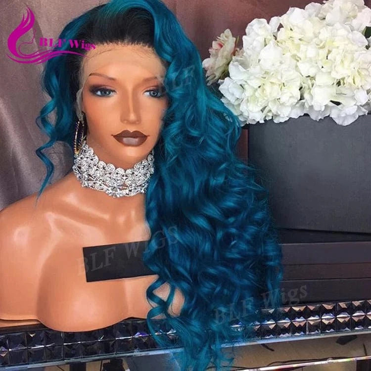 26 Inches / 1b green ombre 1B Green Ombre Glueless Lace Front Wig, Beach Wave European Human Hair Wigs for Black Women
