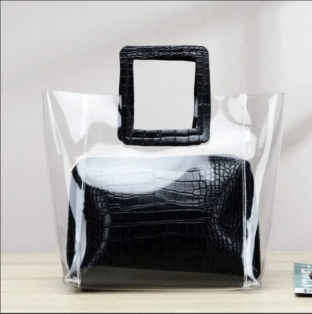26cm*13cm*34m / Black Wholesale 2024 Fashion Summer Lady Jelly Bag Jelly Transparent Handbags 2pcs Set Tote Purse For Women