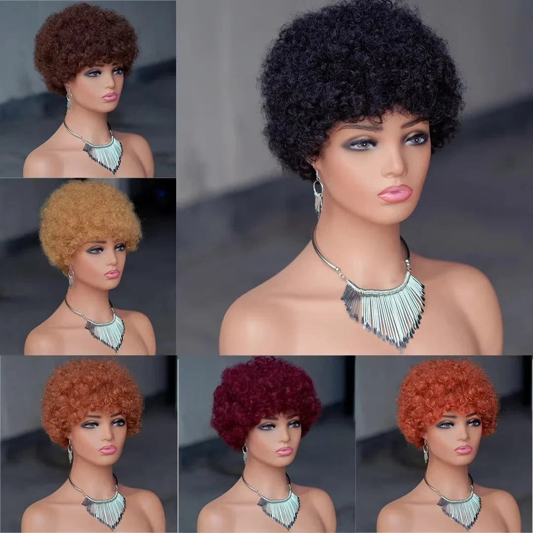 27# Curly Wig / 6 Inches Factory Price Machine Made 100% Brazilian Human Hair Pixie Cut Wigs 27# Short Afro Curly Non Lace Wigs For Black Women
