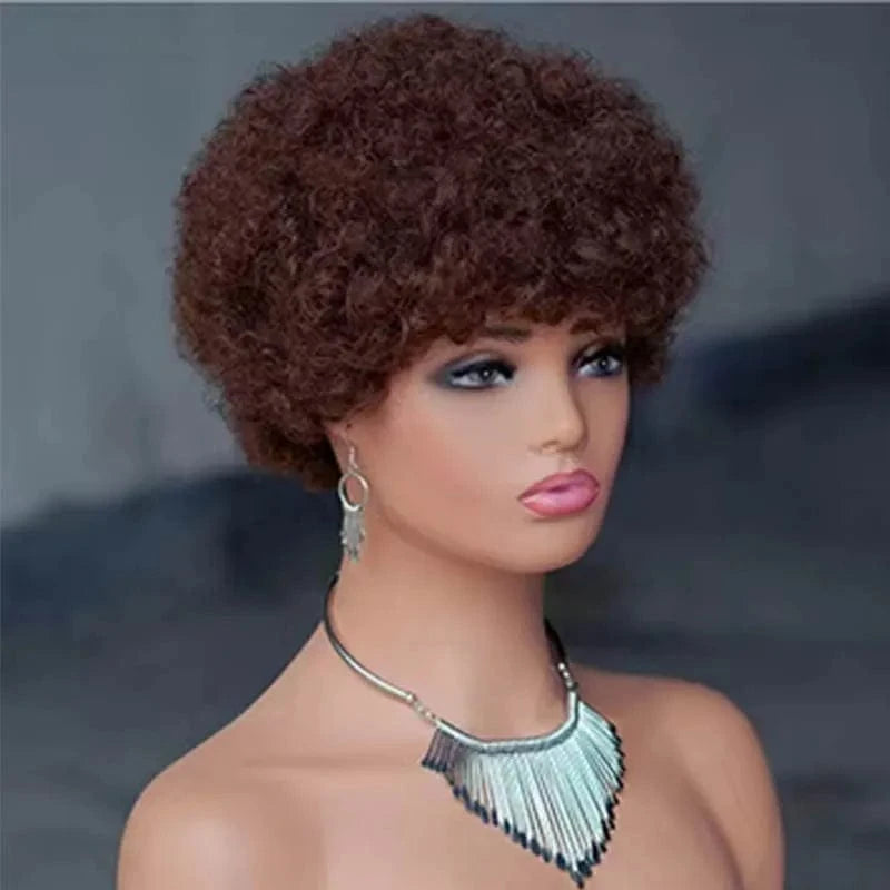 27# Curly Wig / 6 Inches Factory Price Machine Made 100% Brazilian Human Hair Pixie Cut Wigs 27# Short Afro Curly Non Lace Wigs For Black Women