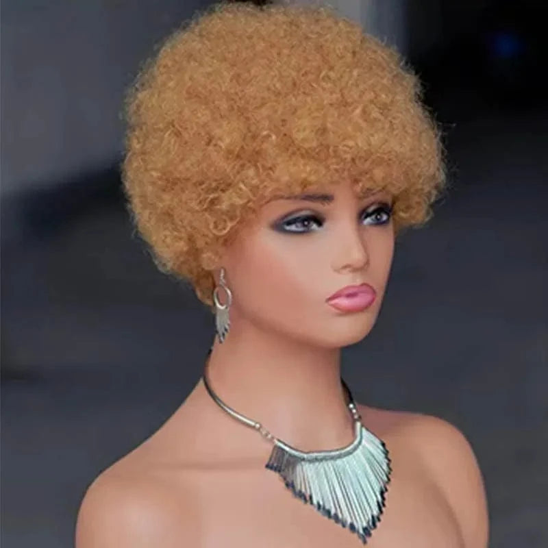 27# Curly Wig / 6 Inches Factory Price Machine Made 100% Brazilian Human Hair Pixie Cut Wigs 27# Short Afro Curly Non Lace Wigs For Black Women