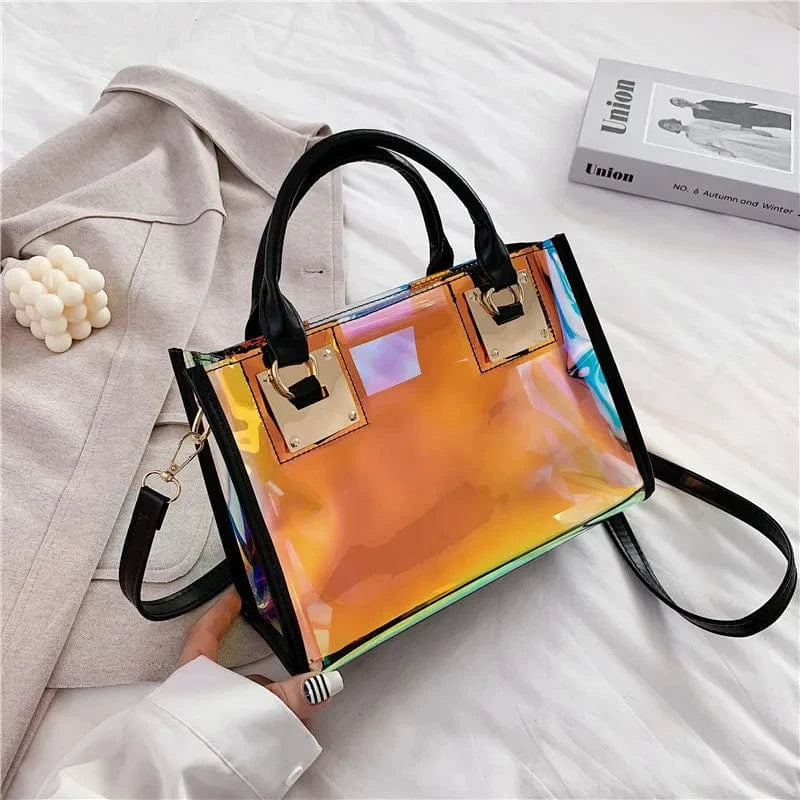 28*12*20Cm / Black 2pcs Women Fashion Shoulder Bag Clear Jelly Clutch Purse Transparent Handbag