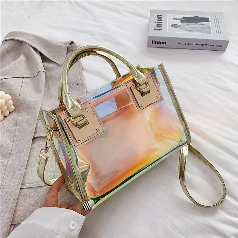 28*12*20Cm / Golden 2pcs Women Fashion Shoulder Bag Clear Jelly Clutch Purse Transparent Handbag