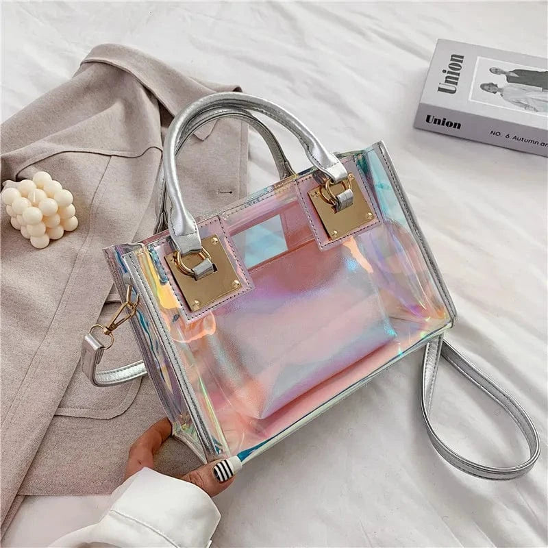 28*12*20Cm / silver 2pcs Women Fashion Shoulder Bag Clear Jelly Clutch Purse Transparent Handbag