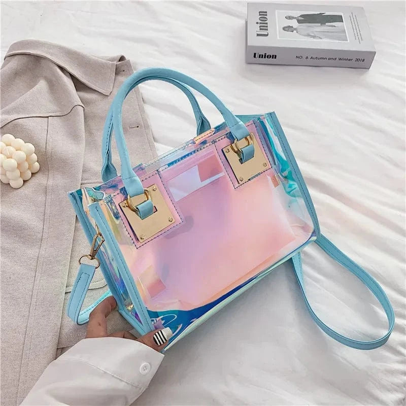 28*12*20Cm / Sky Blue 2pcs Women Fashion Shoulder Bag Clear Jelly Clutch Purse Transparent Handbag
