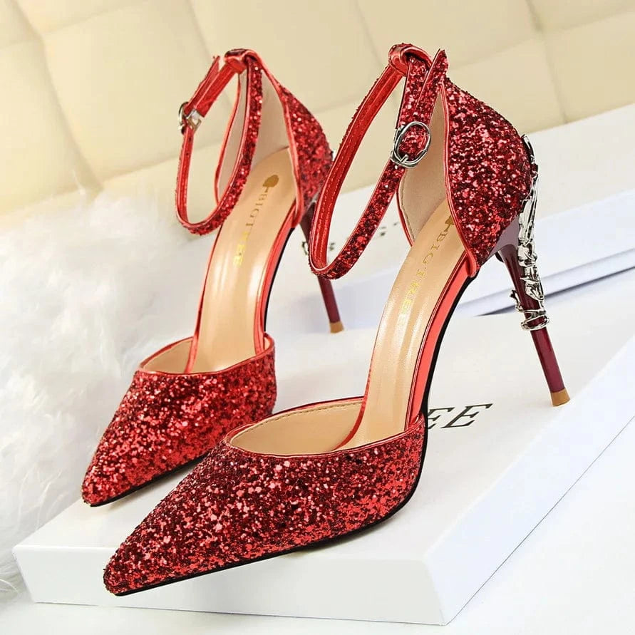 283-5 Luxurious Trendy Ladies Sandals Hollow Out Party Metal Heel Shiny Sequin Slip-On High Heel Sandals Wedding Shoes For Bride