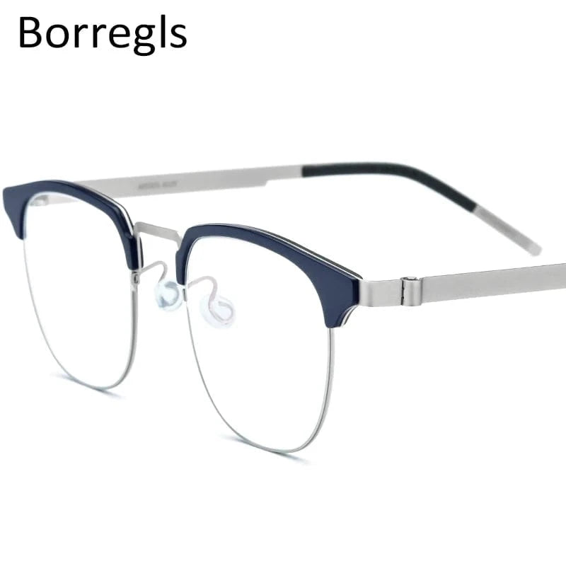 28627 Blue Silver Borregls Acetate Alloy Glasses Frame Men Women Round Myopia Optical Eyeglasses Screwless Korea Eyewear 28627