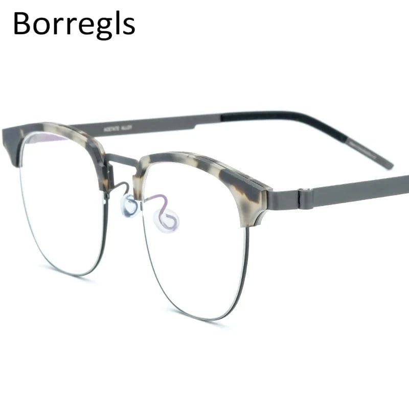28627 Leopard Gray Borregls Acetate Alloy Glasses Frame Men Women Round Myopia Optical Eyeglasses Screwless Korea Eyewear 28627