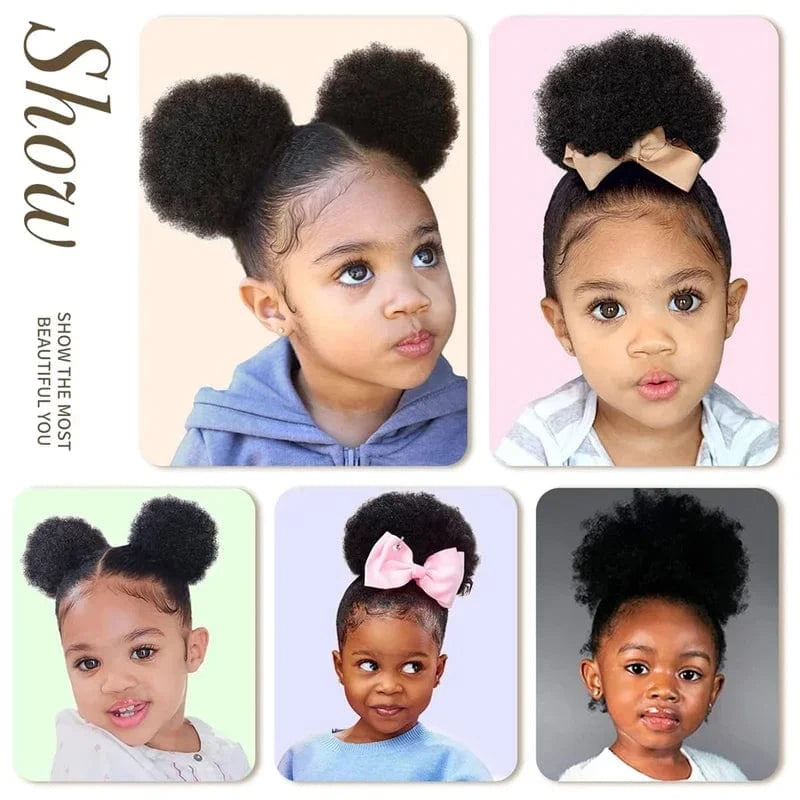 2PCS Afro puffs natural black afro puff hair bun for kids 100% Remy human hair small drawstring ponytail for little girls curly