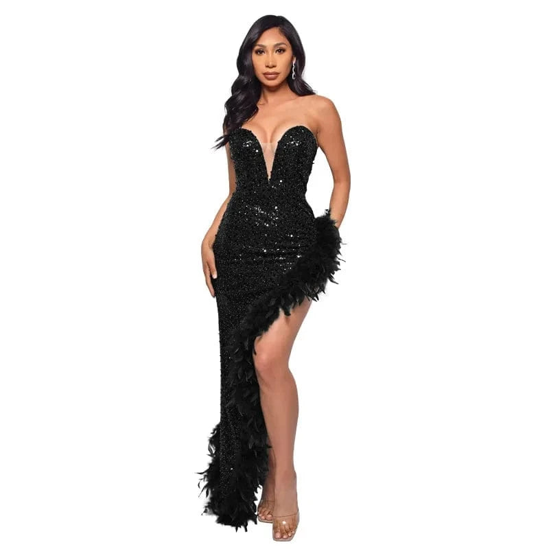 2XL / #3 Womens Strapless Sequin Feather Dress For Women Elegant Sleeveless Long Bodycon Prom Evening Dresses