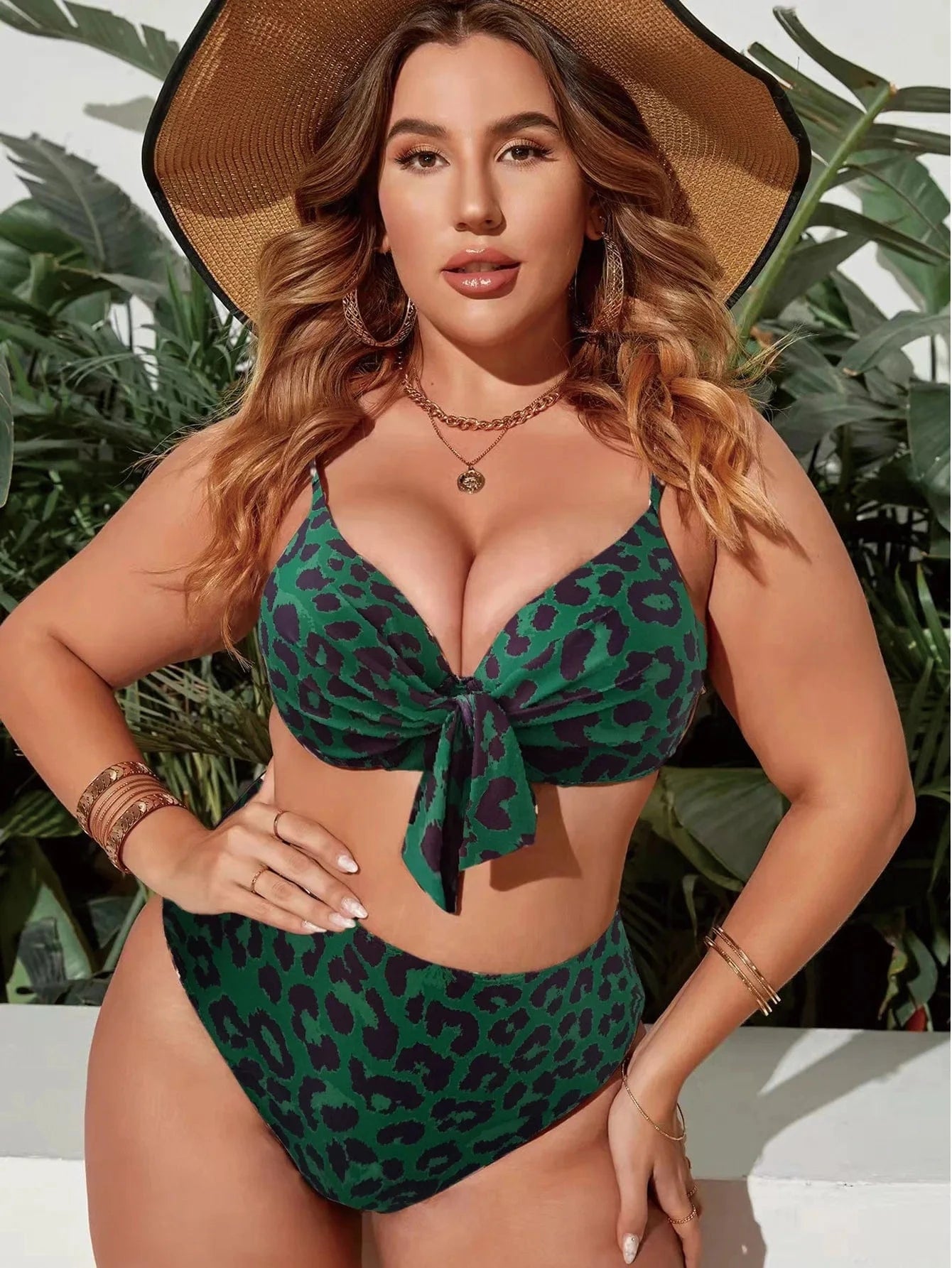 2XL / Green DAMOCHIC Wholesale Large Size Swimsuit for women Summer Leopard print Bow Bikini High-Waisted V-neck Bathing Suit 2023